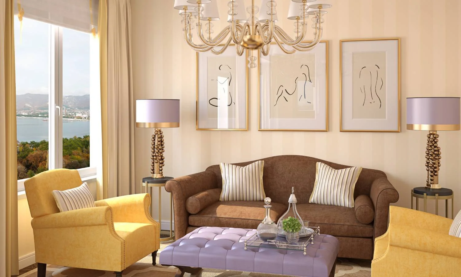 A modern living room with yellow and purple as its contrasting colors for visual interest