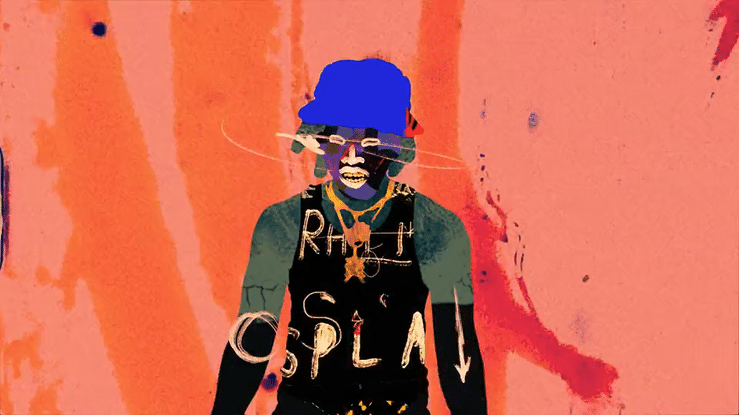 Colorful digital artwork of a person with a blue hat, sunglasses, and large gold chains, with graffiti-style text on their black shirt reading "RIP SPLA" against an orange and pink background.