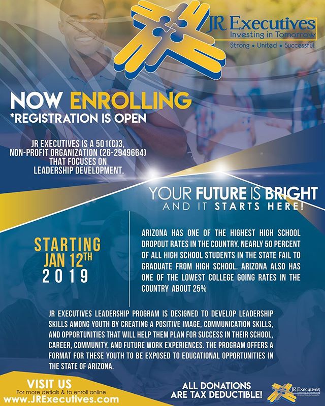 JR Executives Youth Leadership 2019 Open Enrollment is now available.  We are seeking all youth grades 9th to 12th. First session will be January 12, 2019. Visit www.jrexecutives.com to enroll and for more information. Let&rsquo;s Invest in OUR Youth