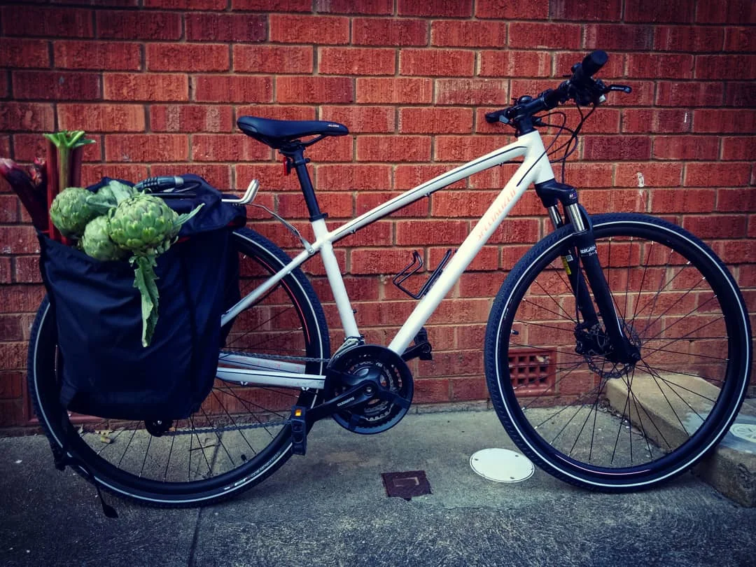 The panniers with a haul from the Farmers Market. So wholesome it hurts.