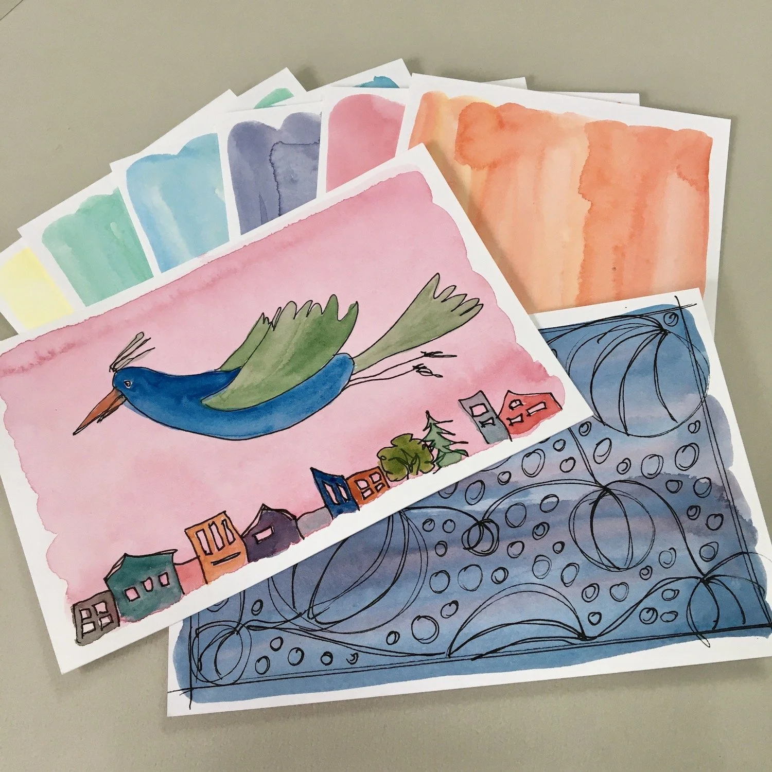 Mine-and-Yours Watercolor Postcard Doodles, set of 8