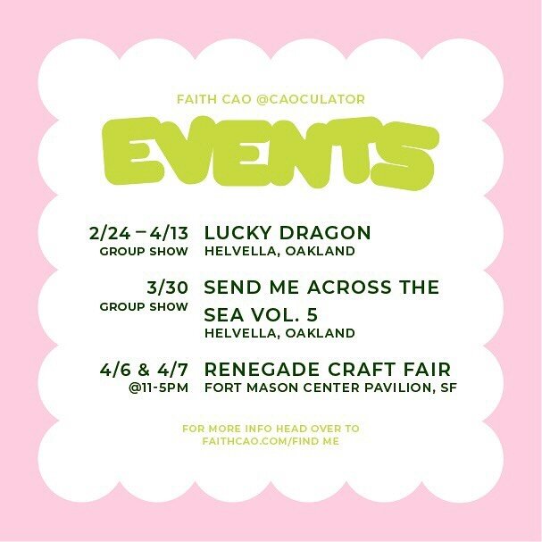 ✿ UPCOMING EVENTS ✿

Here are the events I&rsquo;ll be doing for the month of March/April! After Renegade I&rsquo;ll be on a little getaway and then jump right back into markets hopefully in May.

SIDE NOTE: I am still prepping to do a little surpris