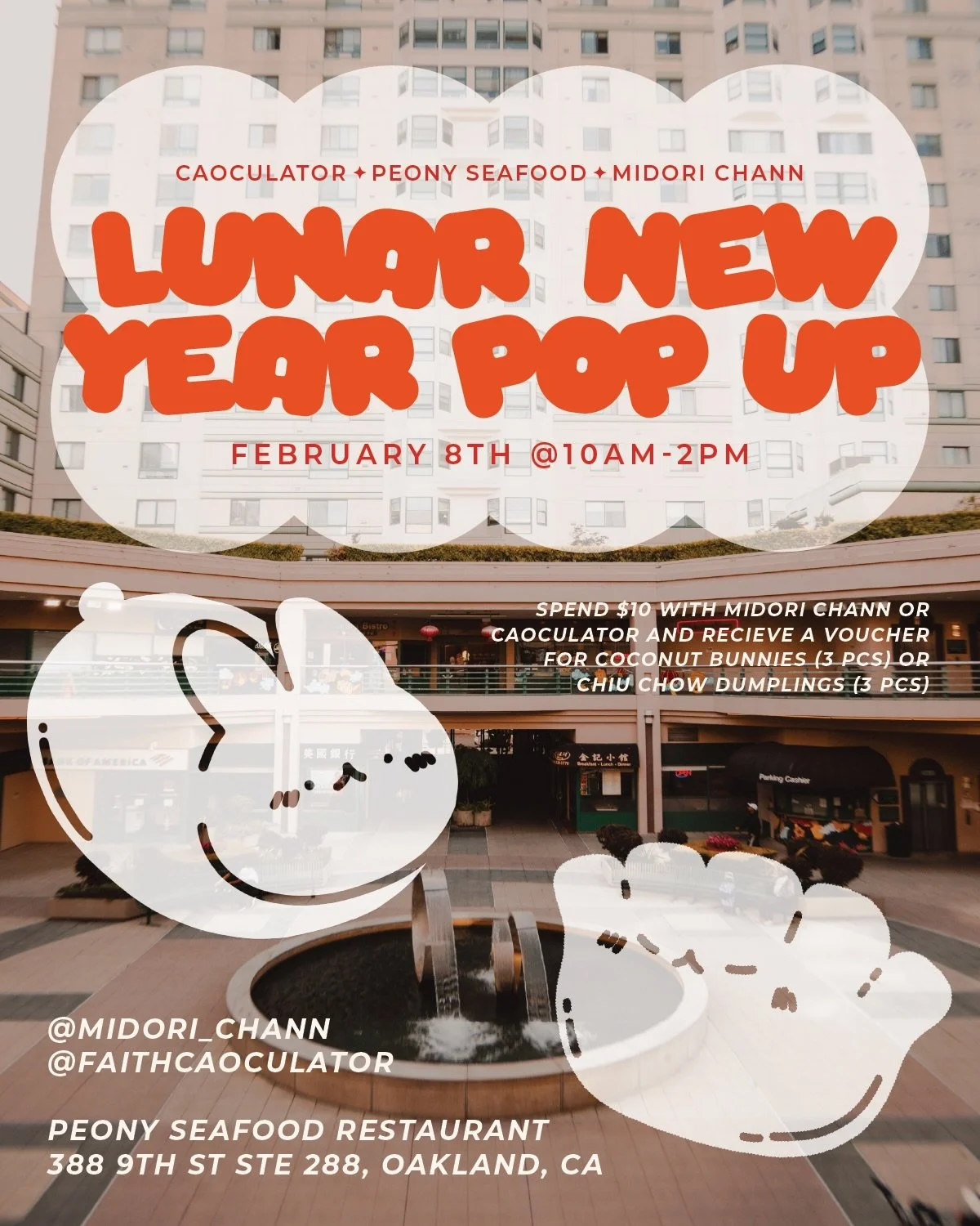 🧧 LUNAR NEW YEAR POP UP🧧

Join @midori_chann and @faithcaoculator over at @peonyseafoodrestaurant for a special Lunar New Year Pop up on February 8th from 10AM - 2PM

For every purchase at @midori_chann or @faithcaoculator you&rsquo;ll receive a vo