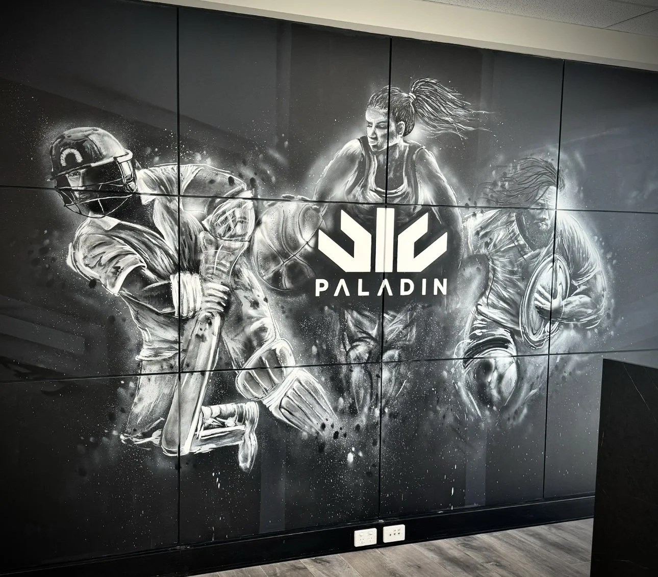 Sports themed mural painted for Paladin Sports in Brookvale on the Northern Beaches