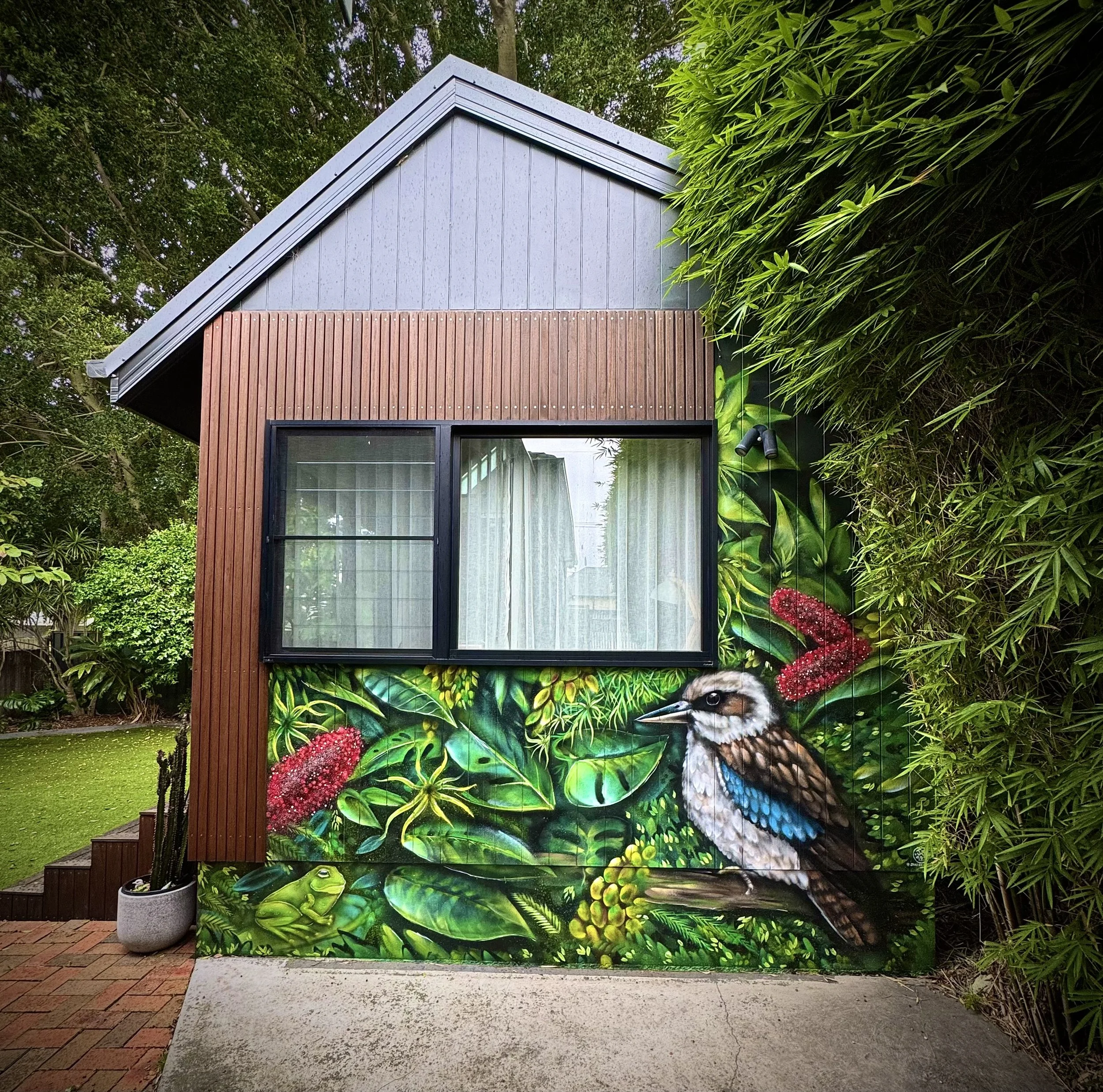 Vibrant Native jungle Kookaburra mural painted on AirBnB in Mayfield