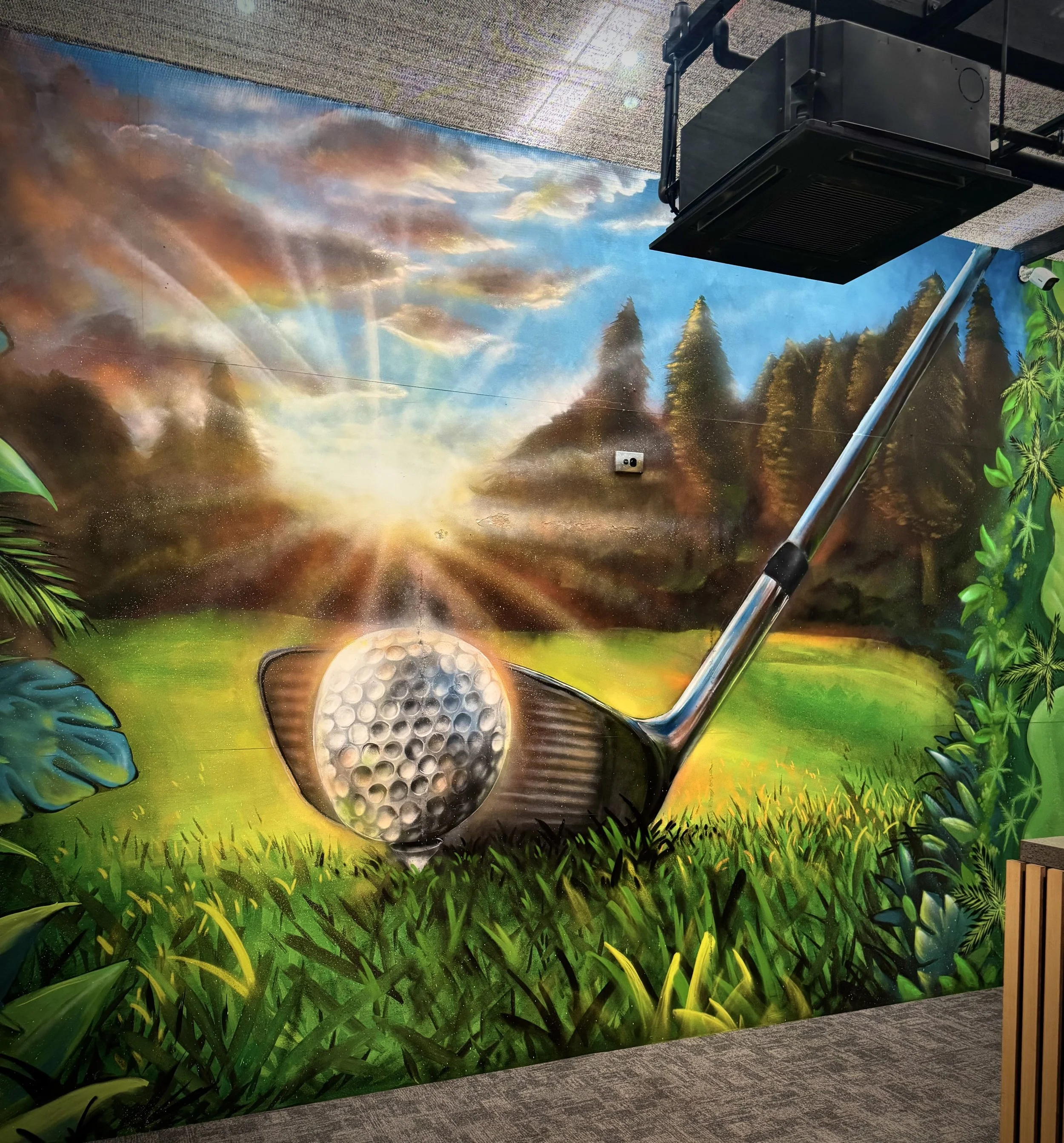Golf club and golf ball mural with sunset and grass, painted for Precision Golf Cromer on the Northern Beaches.