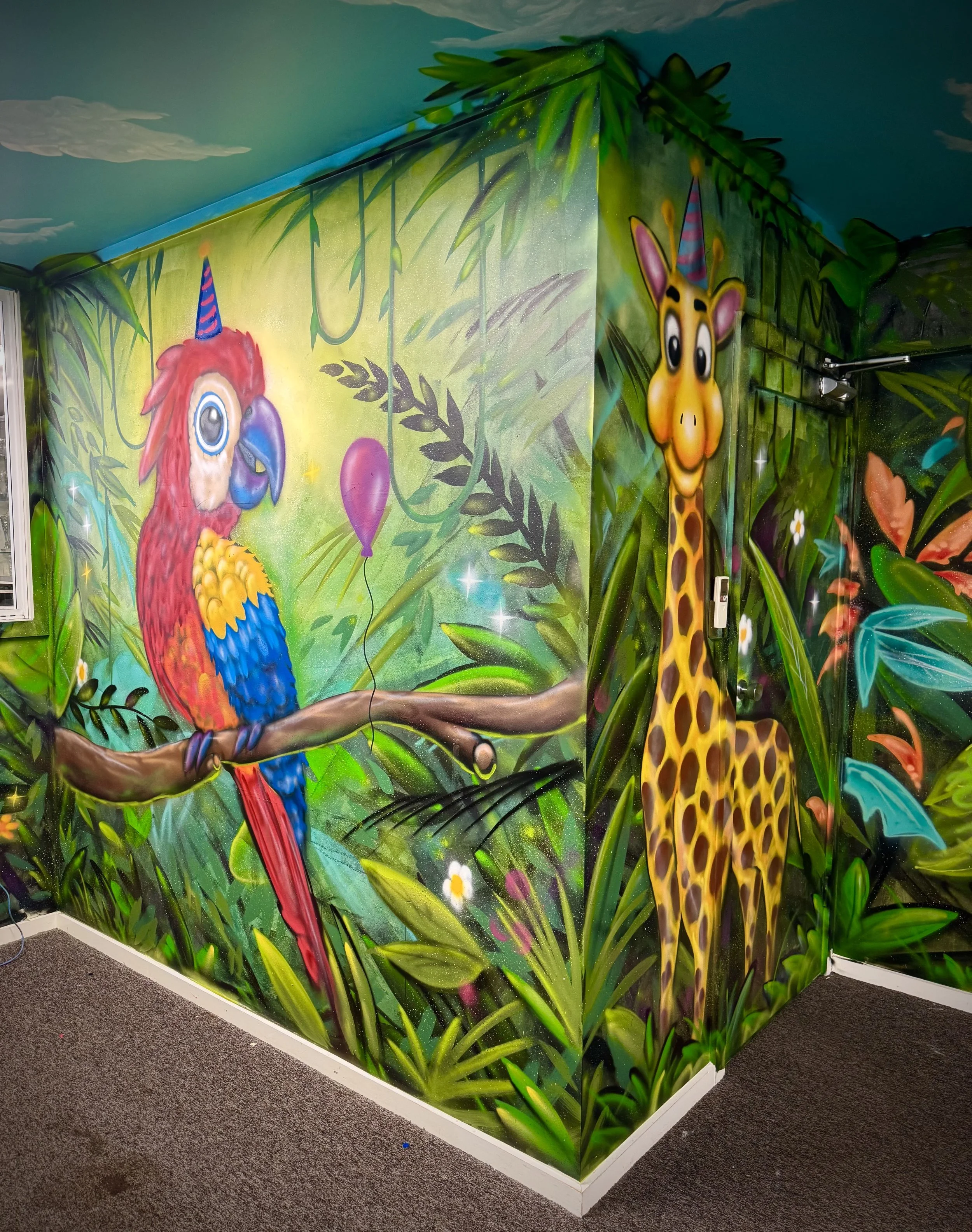 Part of a Tropical Jungle Party room Mural for Manly Warringah Gymnastics Club in Cromer on the Northern Beaches.