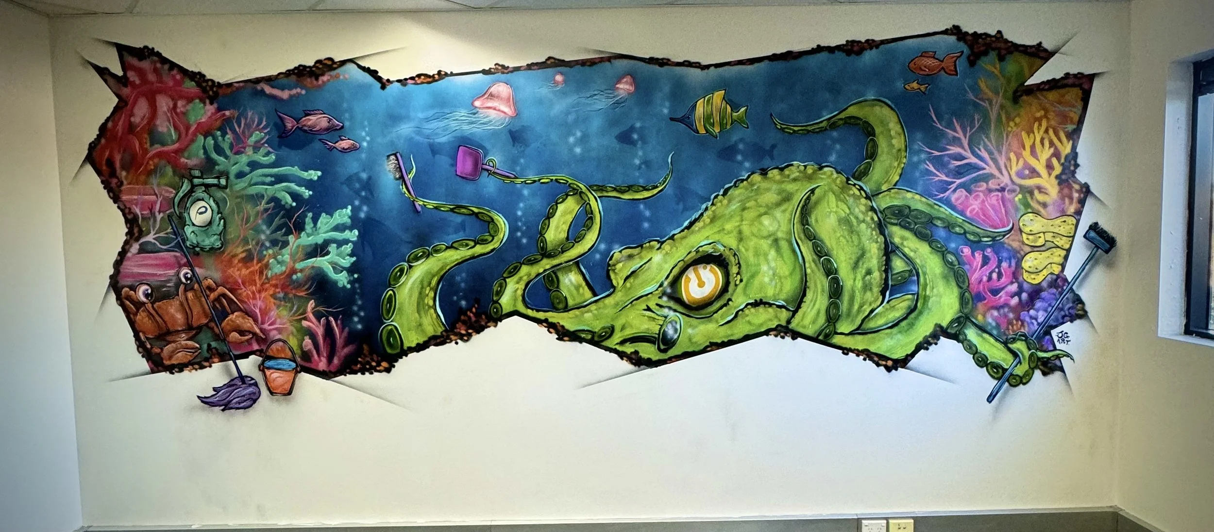 Underwater Ocean Octopus mural with coral painted for Cleaning company No Time For Grime and Pharo Cleaning. Located in Brookvale on the Northern Beaches.