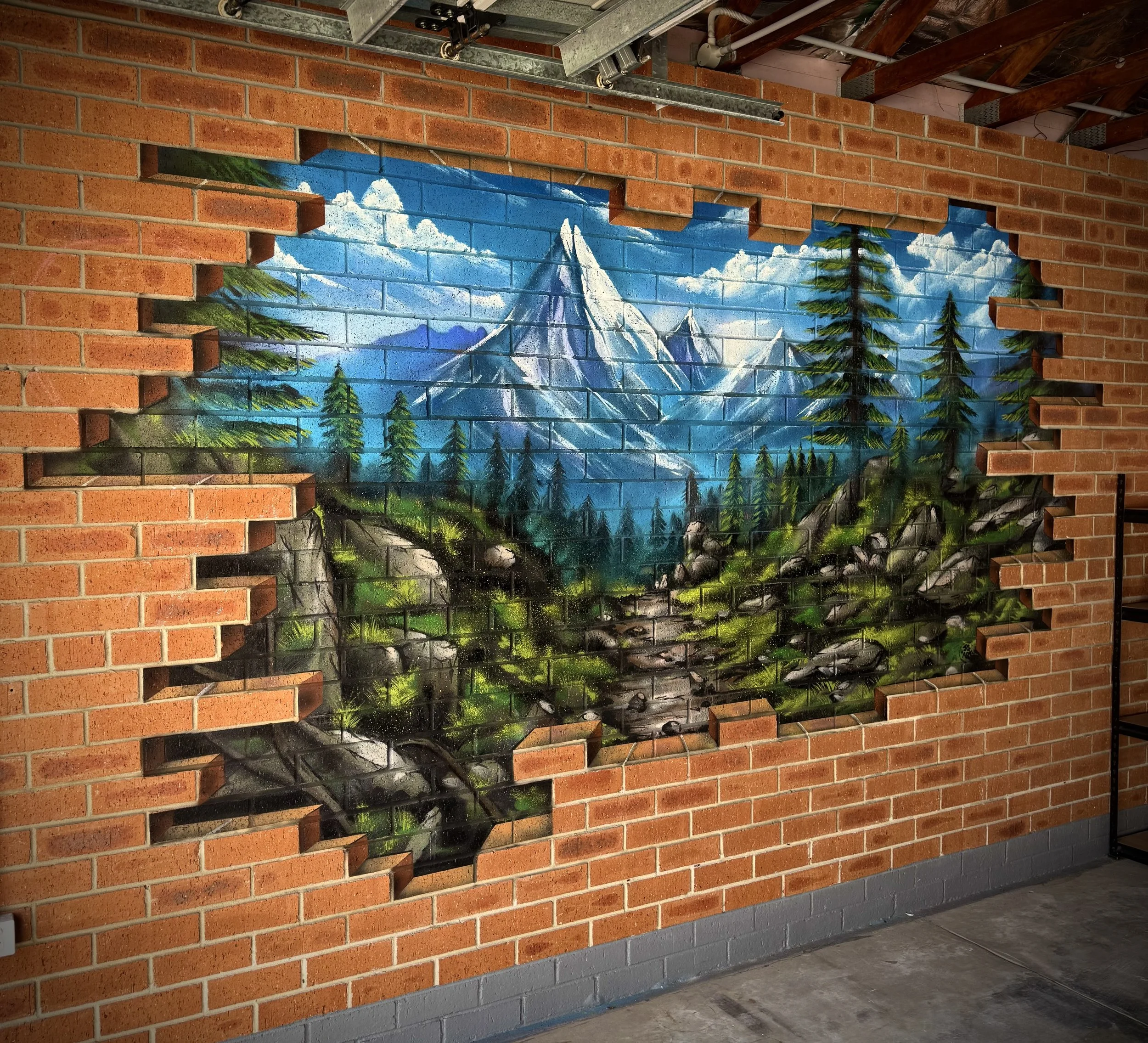 3D Broken wall style Mural of a snowy mountain range and hiking trail, in personal gym of a private residence in Bars Beach