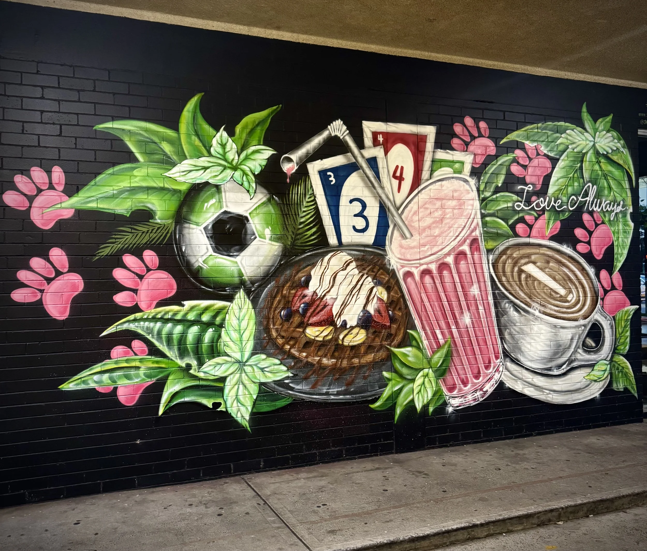 Cafe Mural painted for My Gosh Cafe in Mona Vale. Strawberry Milkshake, Waffles, Coffee Mural.