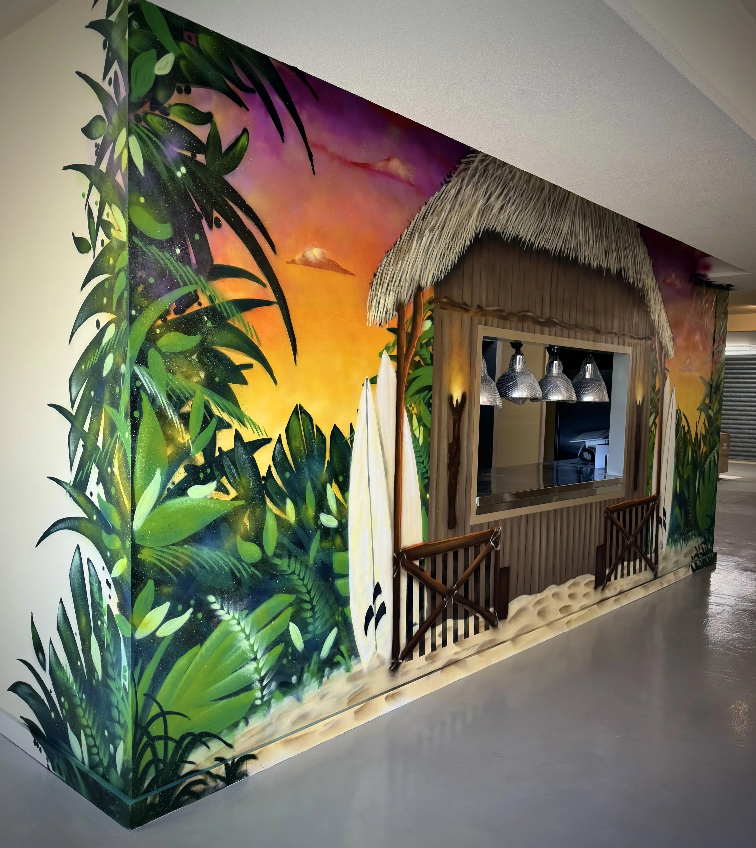 Tropical Beach Hut mural in Surf Boat Brewery. Warriewood Northern Beaches. 