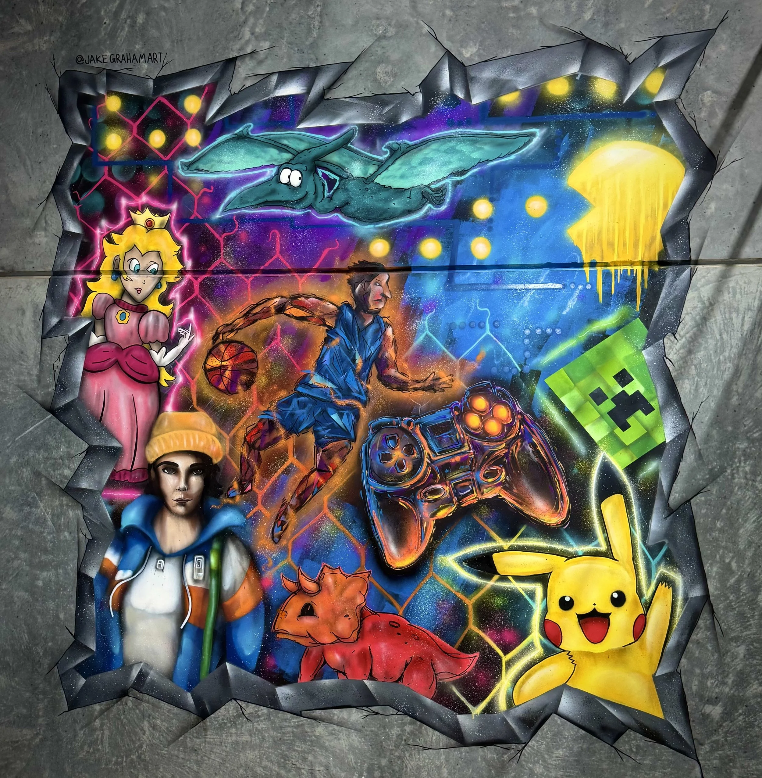 3D Broken Wall/Hole in a wall style Video Game Mural, Pikachu, Minecraft, Fortnite, Peach. Mural painted in Thornton Newcastle