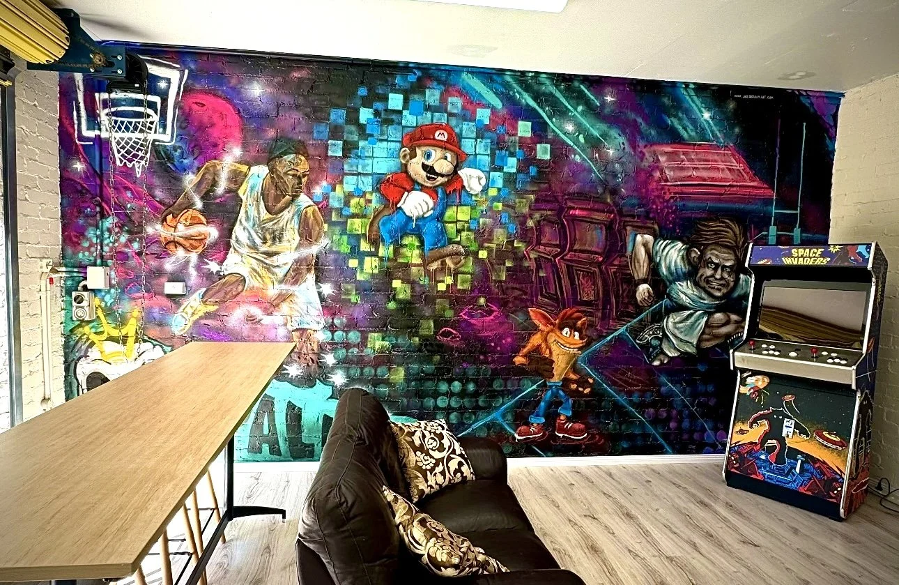Video Game Mural painted for Paladin Sports in Brookvale Sydney. Crash bandicoot, Super Mario, NRL, Basketball.
