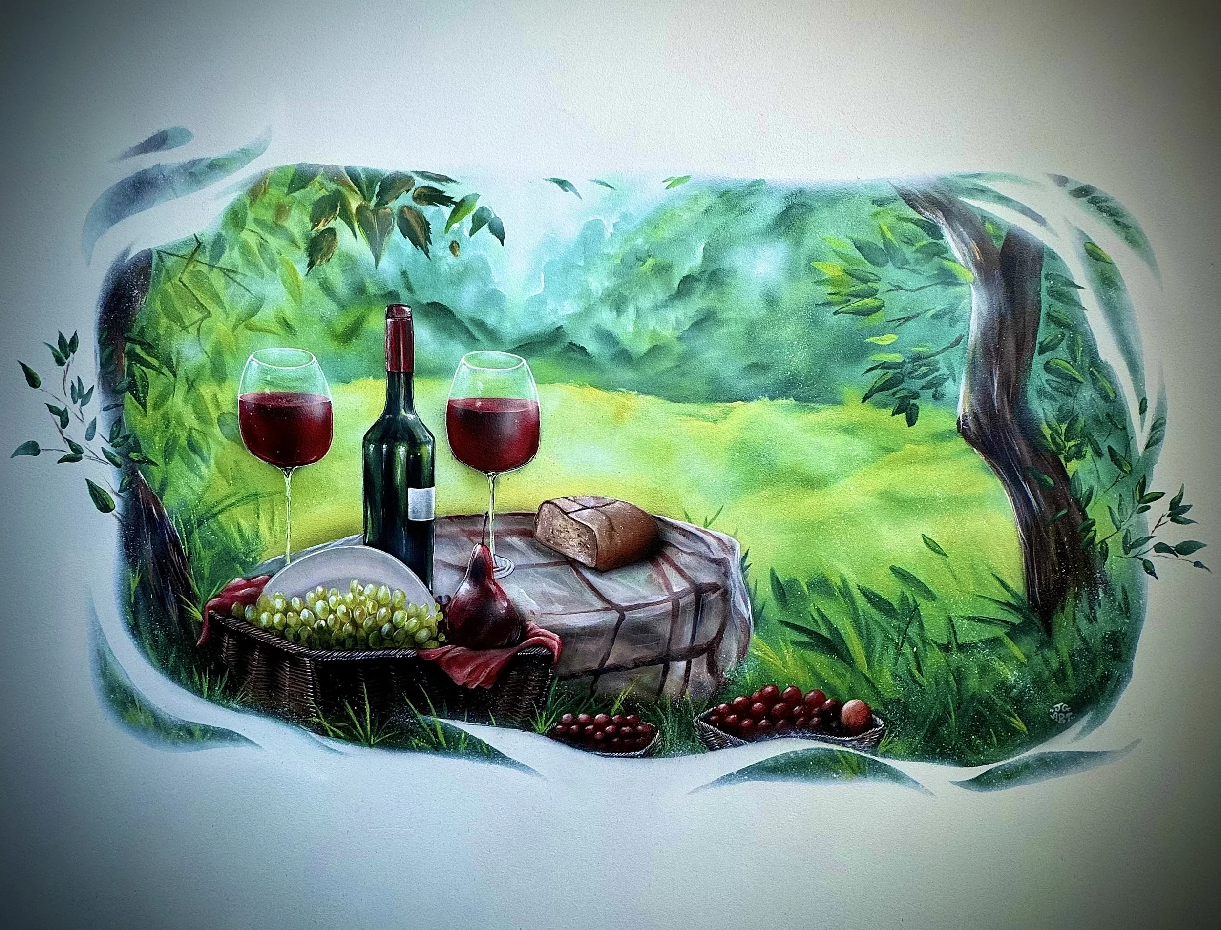 Picnic mural of grapes, wine, bread, on a green field. This mural was painted in the entertainment area of a private residence in Seaforth on the Northern Beaches of Sydney.