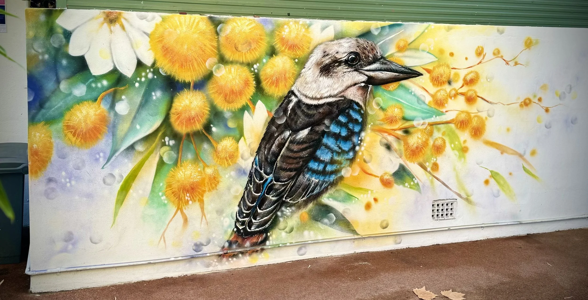 Native Kookaburra Wattle tree mural painted at Seaforth Childcare