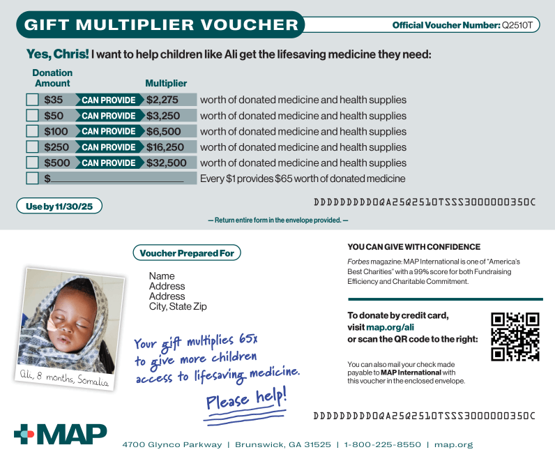 Direct mail appeal for MAP International, created by the Meyer Partners team to boost donor acquisition