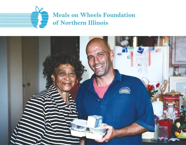 The Meals on Wheels Foundation of Northern Illinois logo and a photo of two volunteers