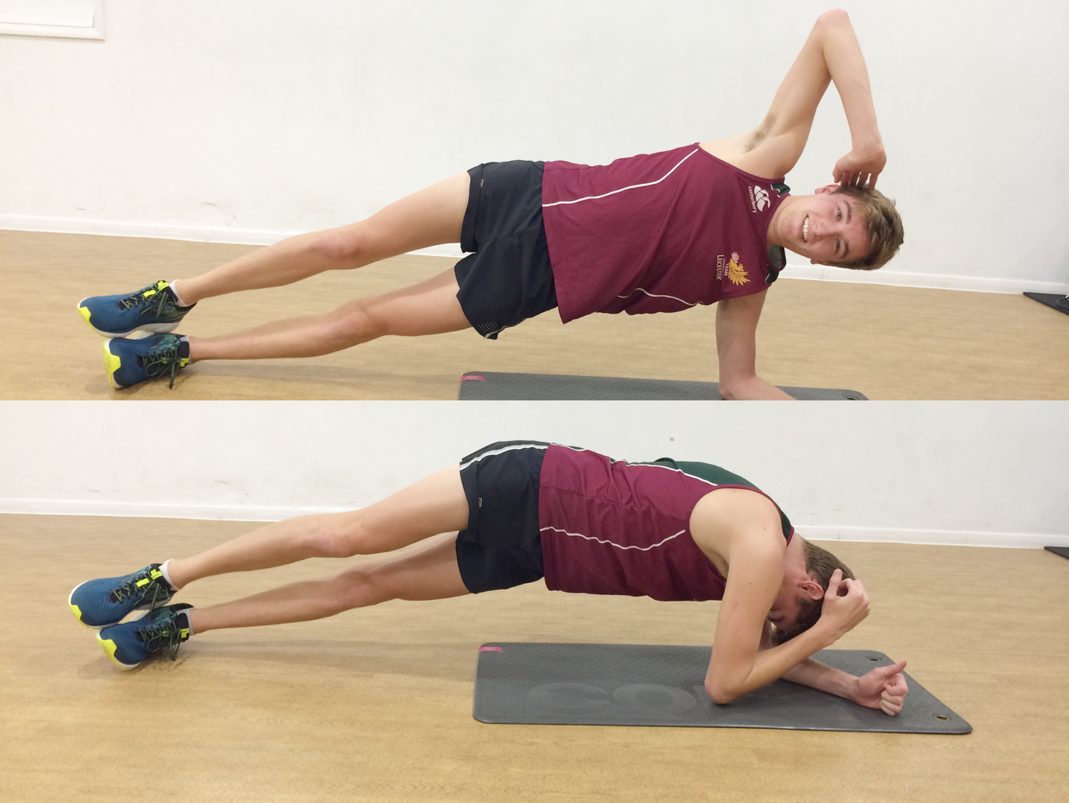 3) Twisting side plank 8 reps each side