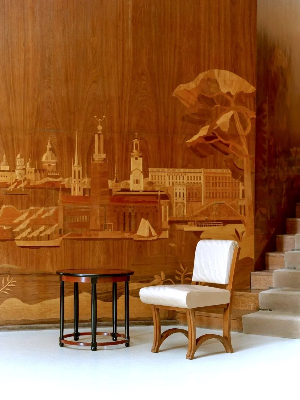 Marquetry on the wood paneled walls of the entrance hall of Eltham Palace..jpg