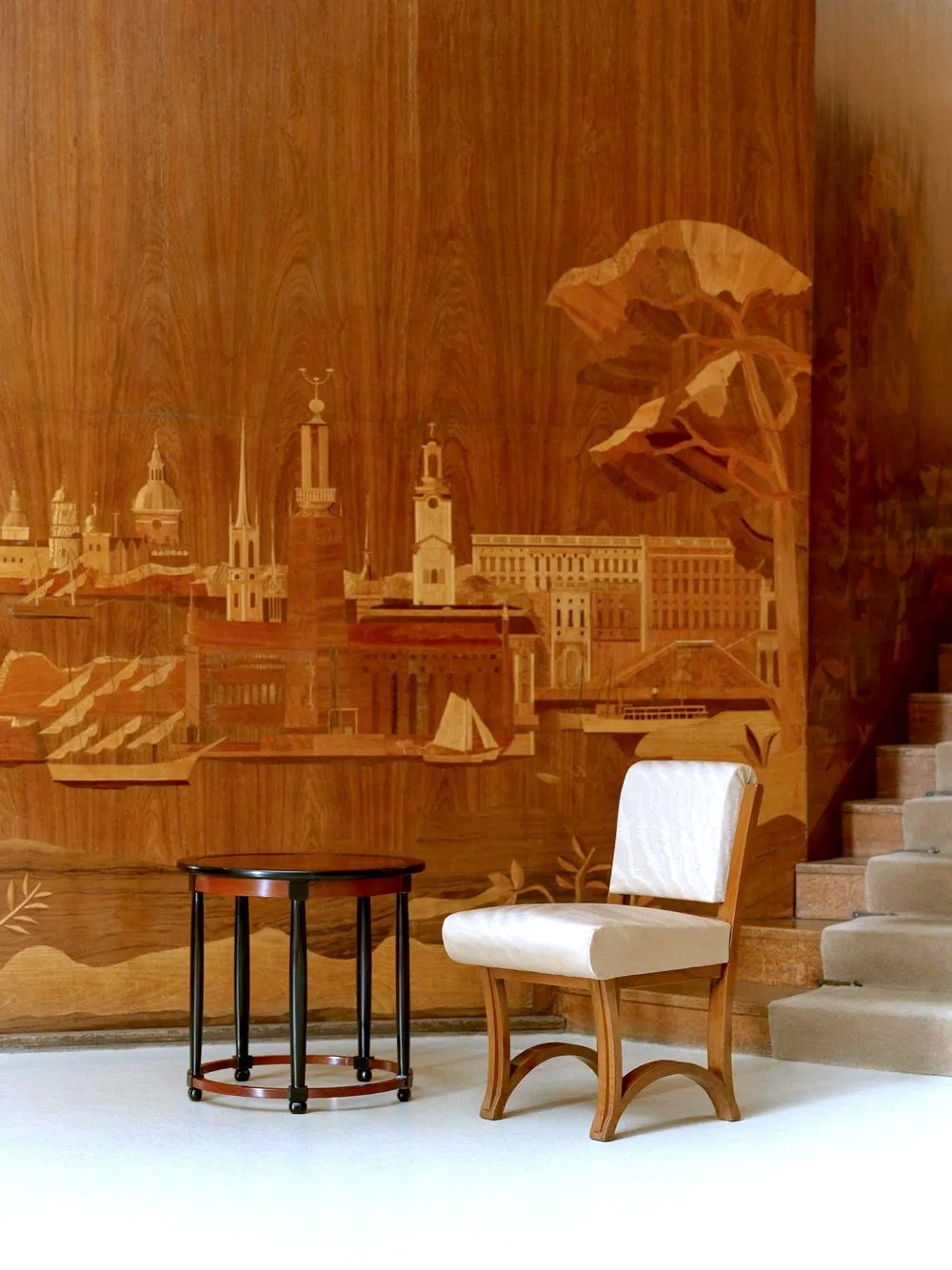 Marquetry on the wood paneled walls of the entrance hall of Eltham Palace..jpg