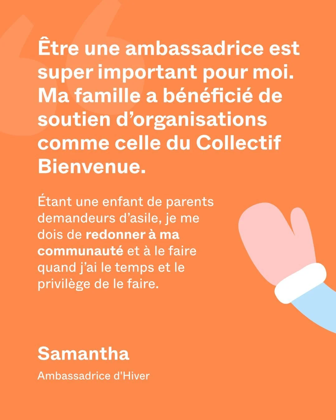 📣❄️ Voici Samantha, notre ambassadrice de l&rsquo;hiver !

Pour Samantha, devenir ambassadrice est une fa&ccedil;on de transmettre en retour le soutien que sa famille a re&ccedil;u lorsqu&rsquo;elle &eacute;tait enfant. Cette exp&eacute;rience l&rsq