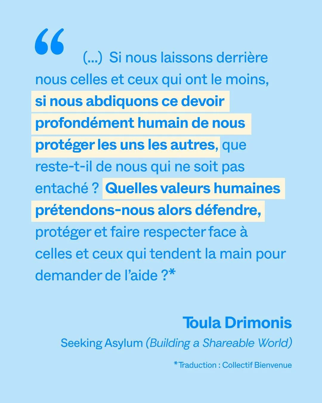 English version in the comments 👇

Seeking Asylum de l&rsquo;&eacute;crivaine et journaliste Toula Drimonis, recentre la discussion sur nos devoirs juridiques et moraux envers les personnes en qu&ecirc;te d&rsquo;asile.

Chaque jour, nous sommes tou