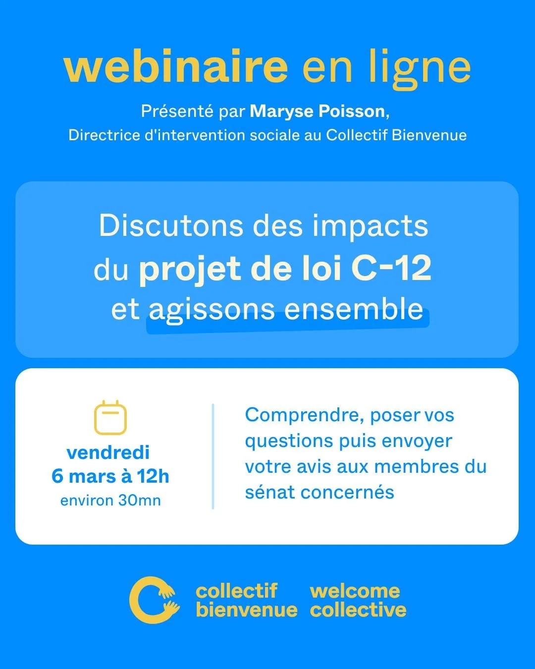 🗓️ Le vendredi 6 mars &agrave; 12h, nous vous invitons &agrave; notre webinaire en ligne pr&eacute;sent&eacute; par Maryse Poisson, Directrice de l&rsquo;intervention sociale au Collectif Bienvenue. L&rsquo;occasion de mieux comprendre les enjeux du