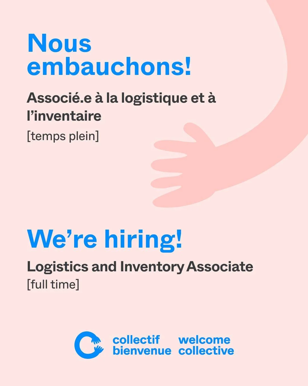 📣 On recrute un&middot;e Associ&eacute;&middot;e &agrave; la logistique et l&rsquo;inventaire !

Le Collectif Bienvenue recherche une personne rigoureuse et organis&eacute;e pour rejoindre notre &eacute;quipe &agrave; l'entrep&ocirc;t! Si vous avez 