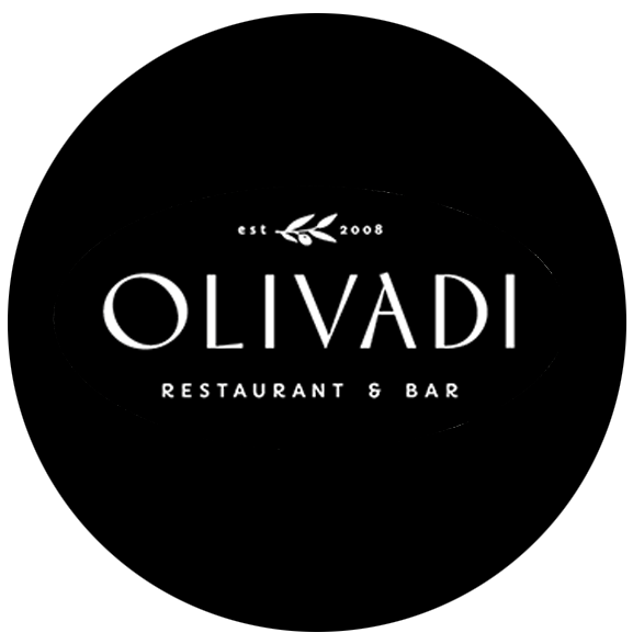 Olivadi appears white and capitalized on a black background. An olive branch rests above this text and below are the words restaurant and bar.