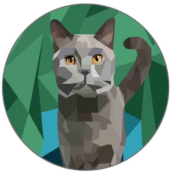 An image of a gray cat in front of a green and blue background. It is an example of low-poly illustration, which give the drawing a fragmented appearance.