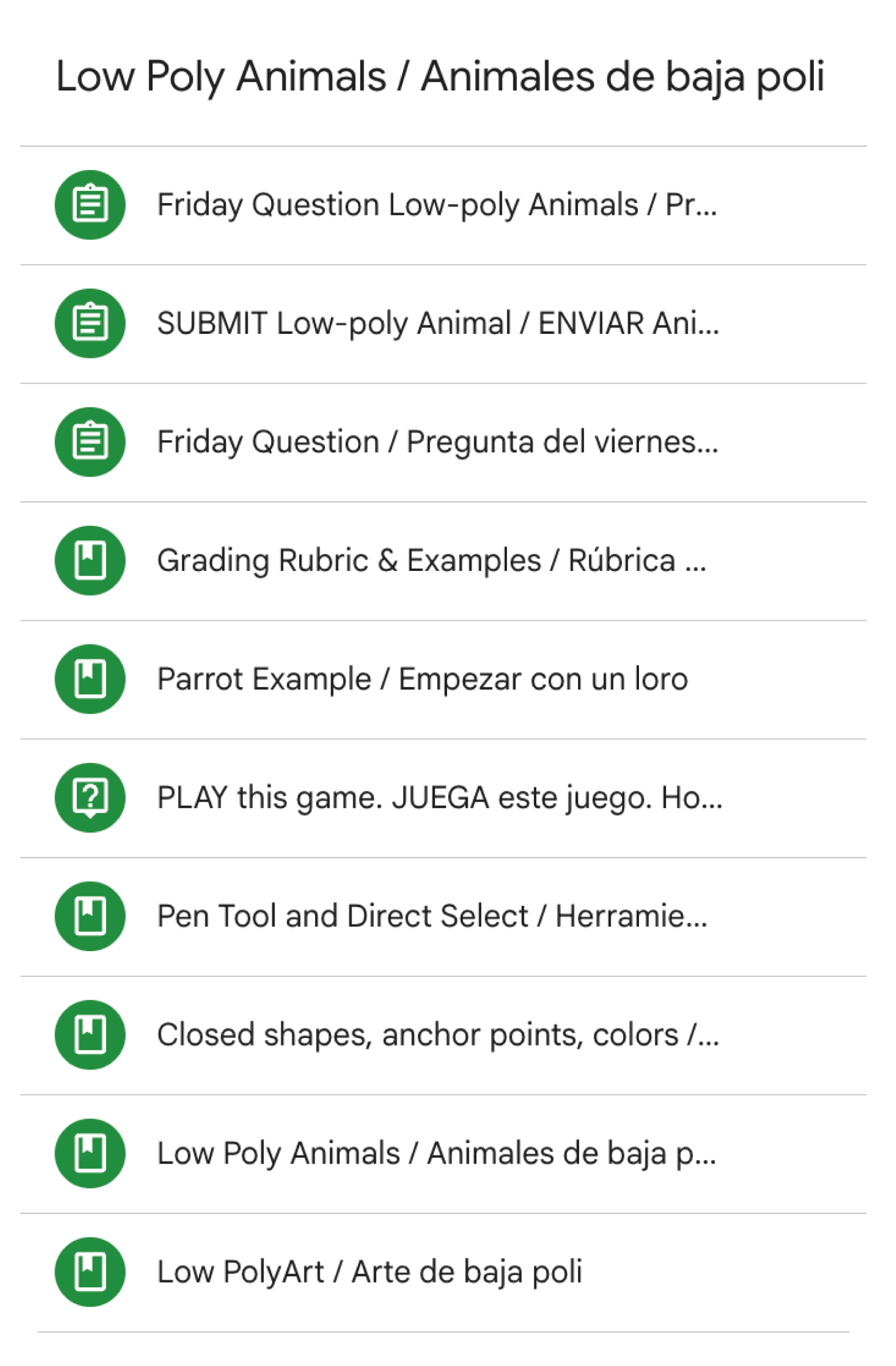 A list of materials, assignments, and questions used in the Animal Low-Poly project