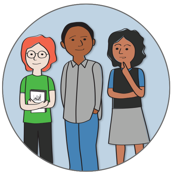 A group of three people which includes two women and a man