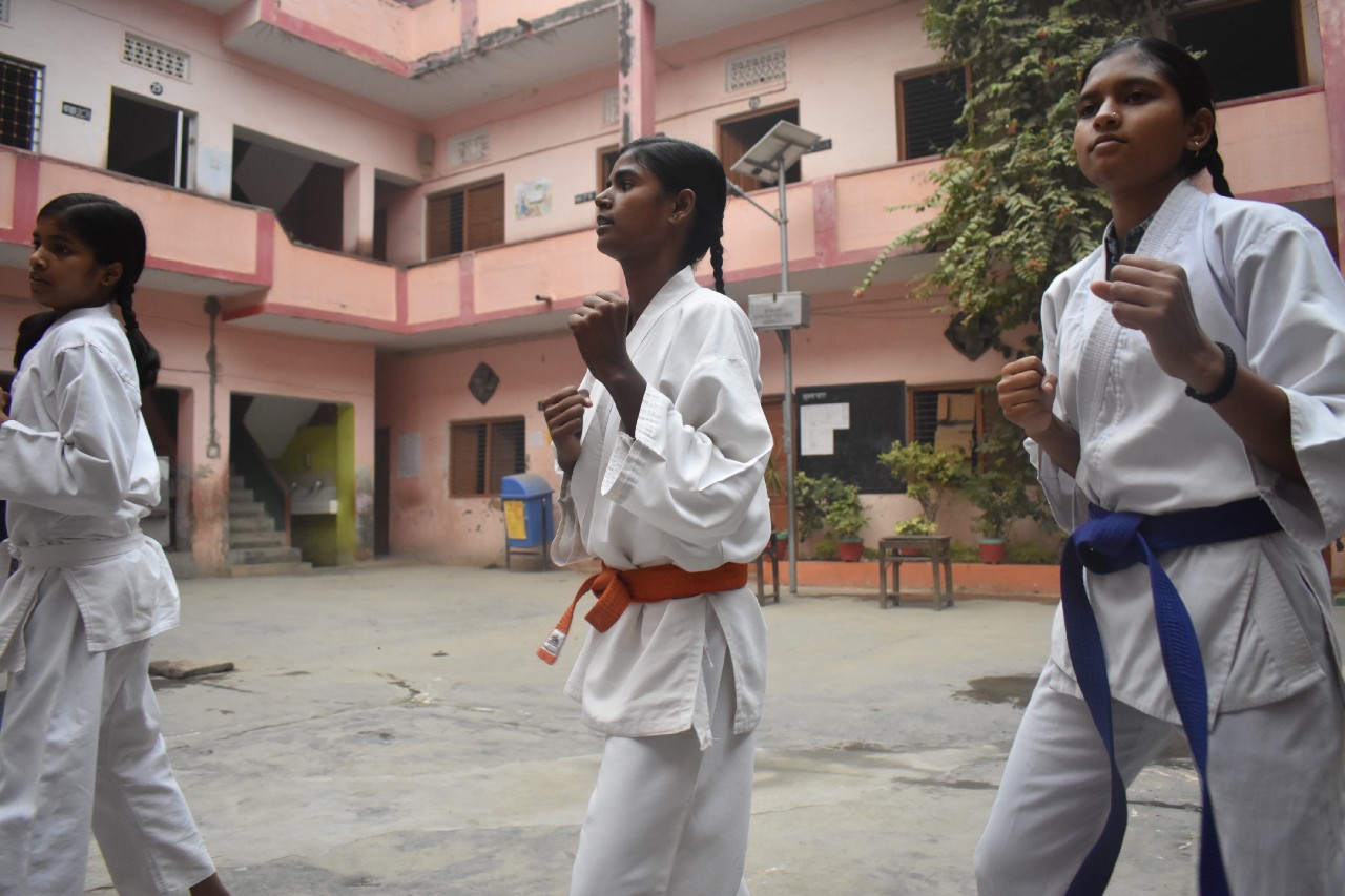 Some mornings, Rani practises karate with her schoolmates before class. (Courtesy of Bhumika Regmi / Malala Fund)