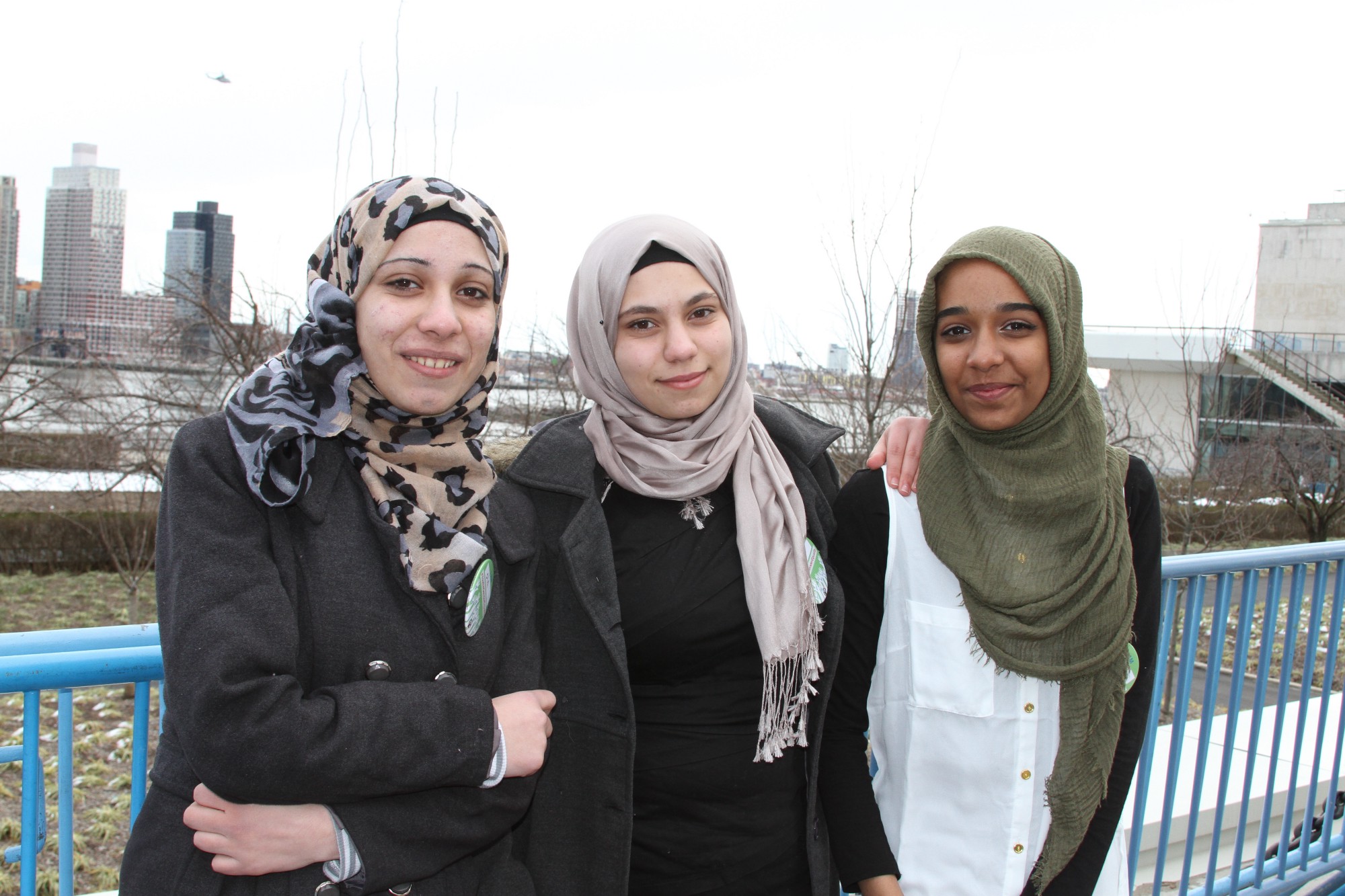 Syrian refugees Ola and Batoul with their friend Esrah outside the United Nations. The girls joined Malala Fund at an event during the Commission on the Status of Women Youth Forum.