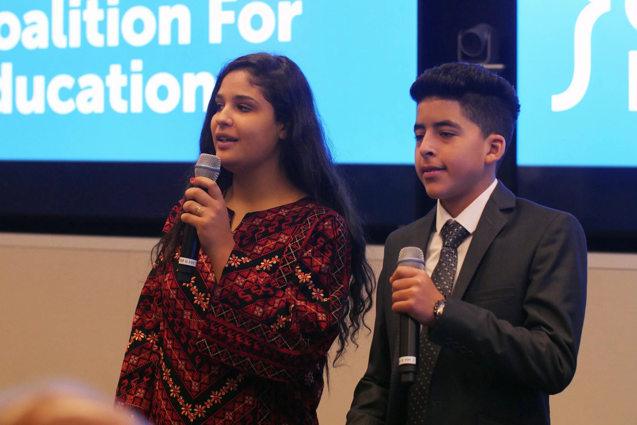 UNRWA parliamentarians Aseel Soboh and Ahmad Baker speaking at Global Business Coalition for Education meeting at U.N. General Assembly. (Courtesy of Ozlem Eskiocak / UNRWA)