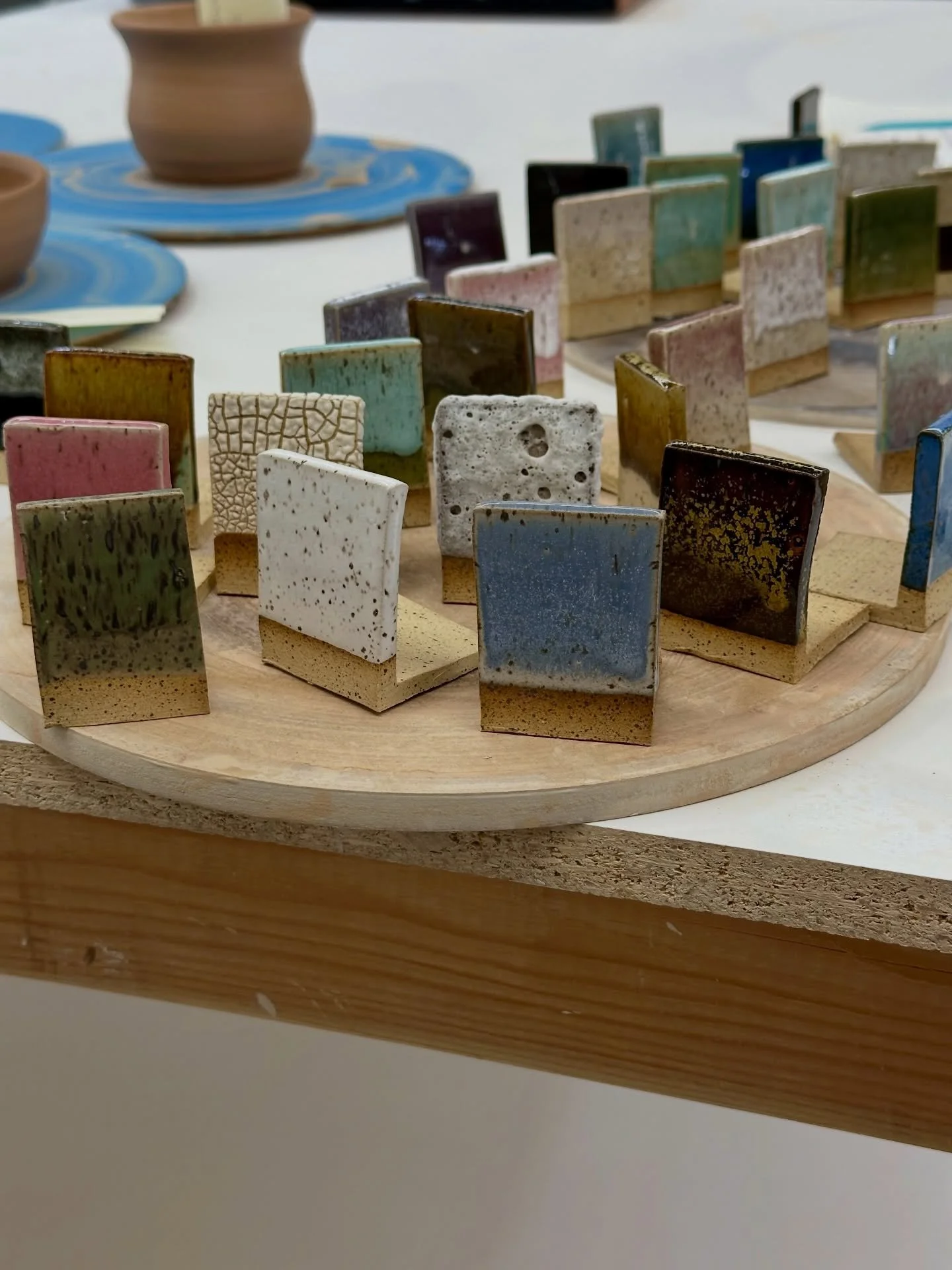 We are working hard topping off glaze buckets and making new test tiles. Here&rsquo;s a preview of the Speckled brown trout we have been using. Glazing starts in 2 weeks!