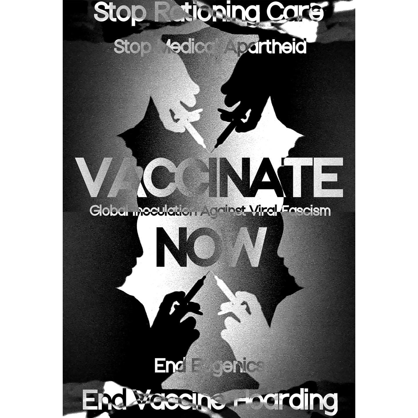 &ldquo;Pareidolia (Vaccinate Now)&rdquo; by Brothers Sick (Ezra and Noah Benus) @ezrabenus
An image with 2 sets of silhouettes of a face, torso, and a hand holding a syringe, one in black and one in white mirroring each other against a grayscale pixe