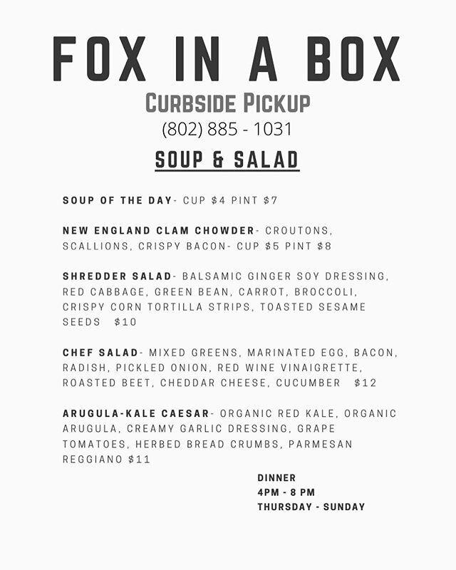 New menu is out today! Call us to start ordering for curbside pickup at 3pm!