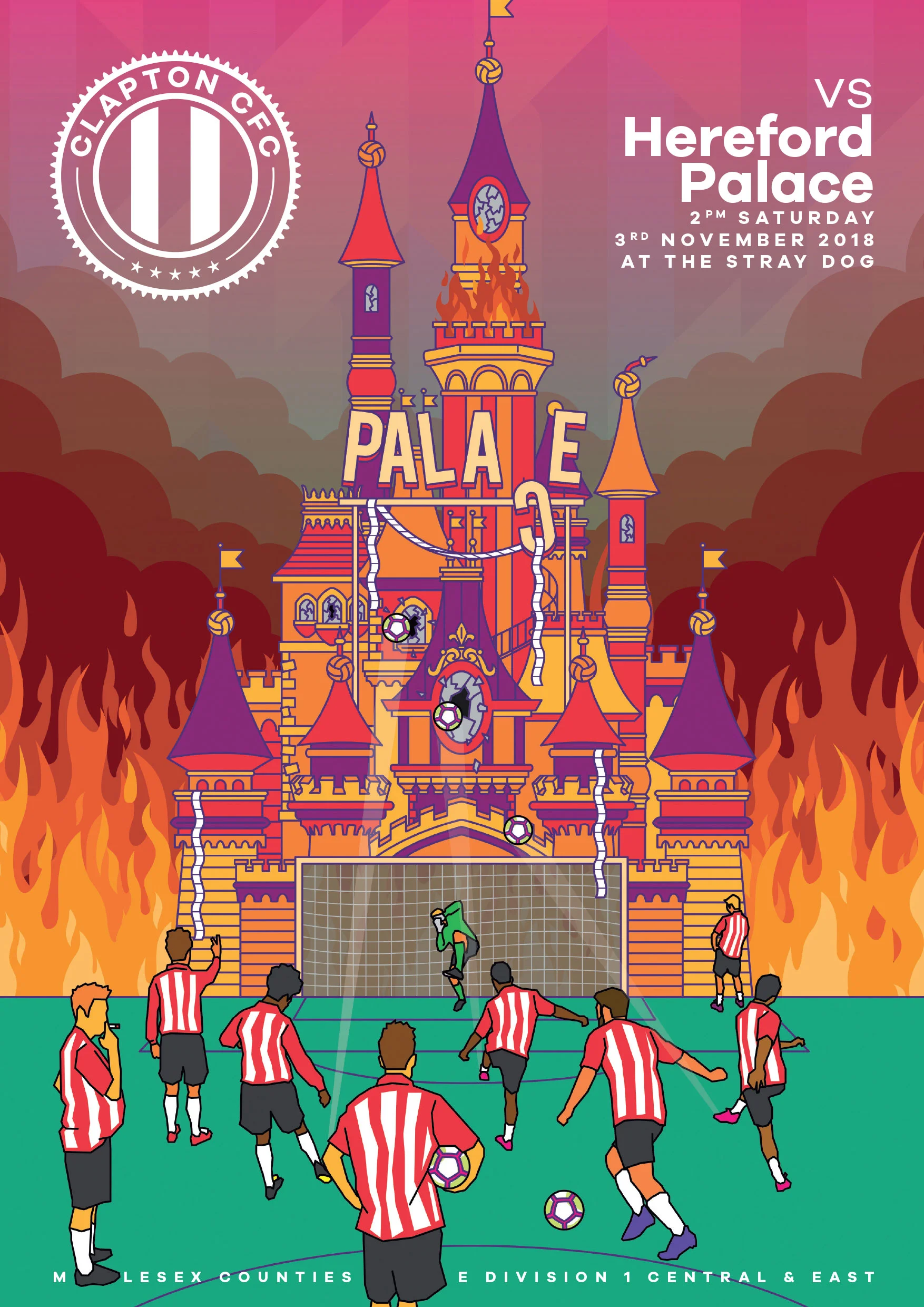 Cover illustration for the Clapton CFC vs Hereford Palace match day programme