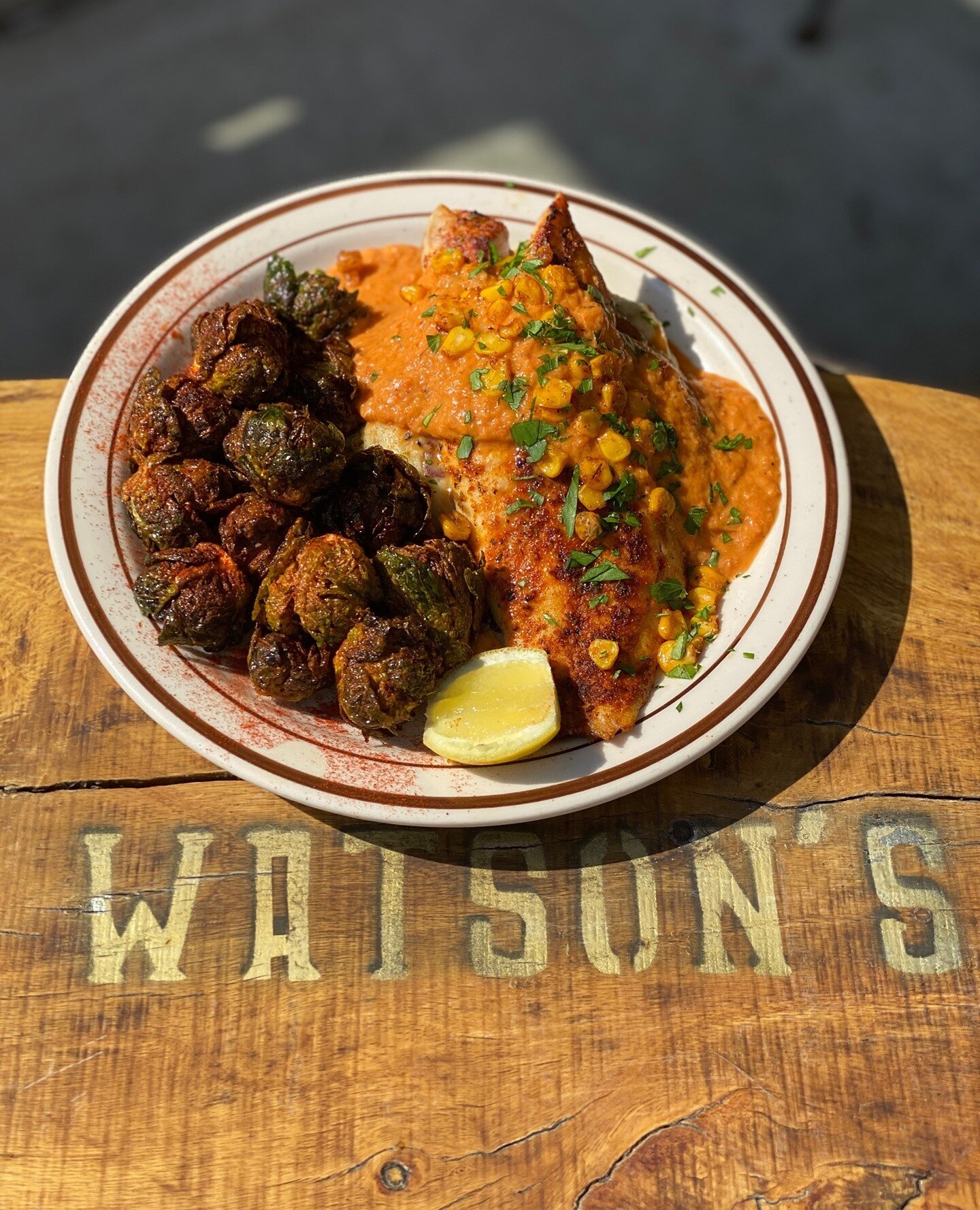 🚨Tuesday Dinner Special🚨 Cajun Broiled Red Snapper over Chimichurri Mashed Potatoes, topped with a Roasted Red Pepper &amp; Shallot Sauce, Sweet Corn, and Parsley.  Served with Fried Brussels Sprouts. Dinner only!⁠
.⁠
.⁠
.⁠
#WatsonsShack #Watsons #