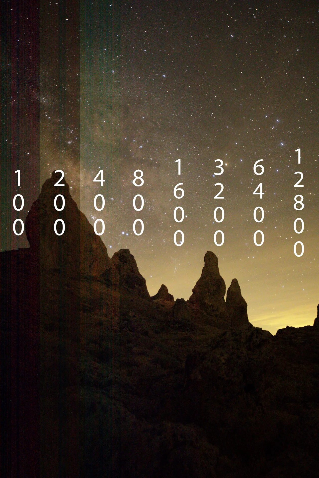 Vertical slices of a Milky Way landscape from ISO 100 to 12,800. All slices are normalized for brightness, showing heavy color noise and banding at ISO 100, which clears significantly to a smooth, clean sky at ISO 6400.