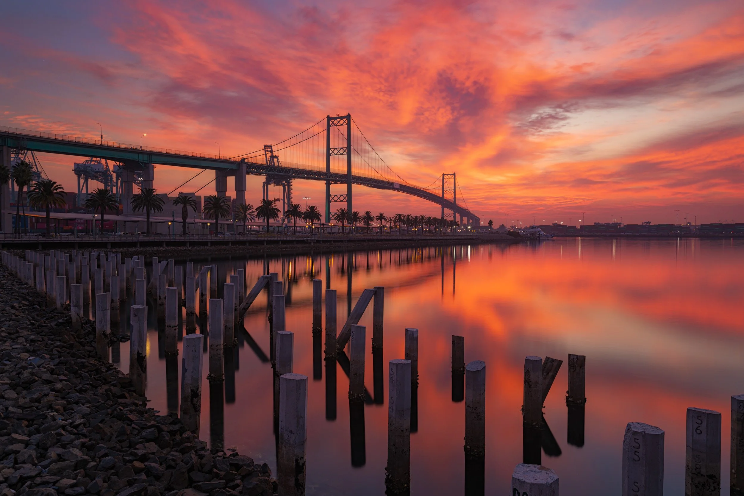 Long exposure sunrise at Vincent Thomas Bridge Port of Los Angeles