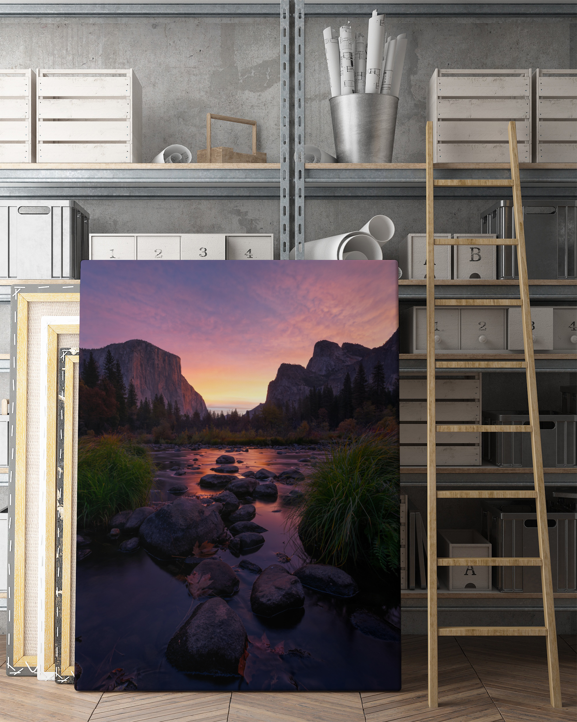 mock up poster frames in hipster interior background, 3D render