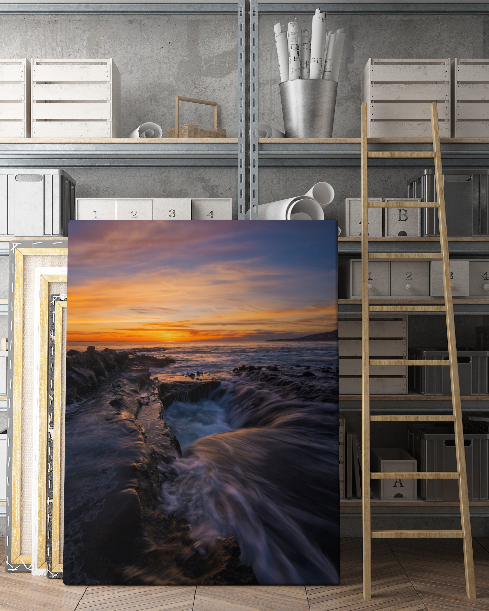 mock up poster frames in hipster interior background, 3D render