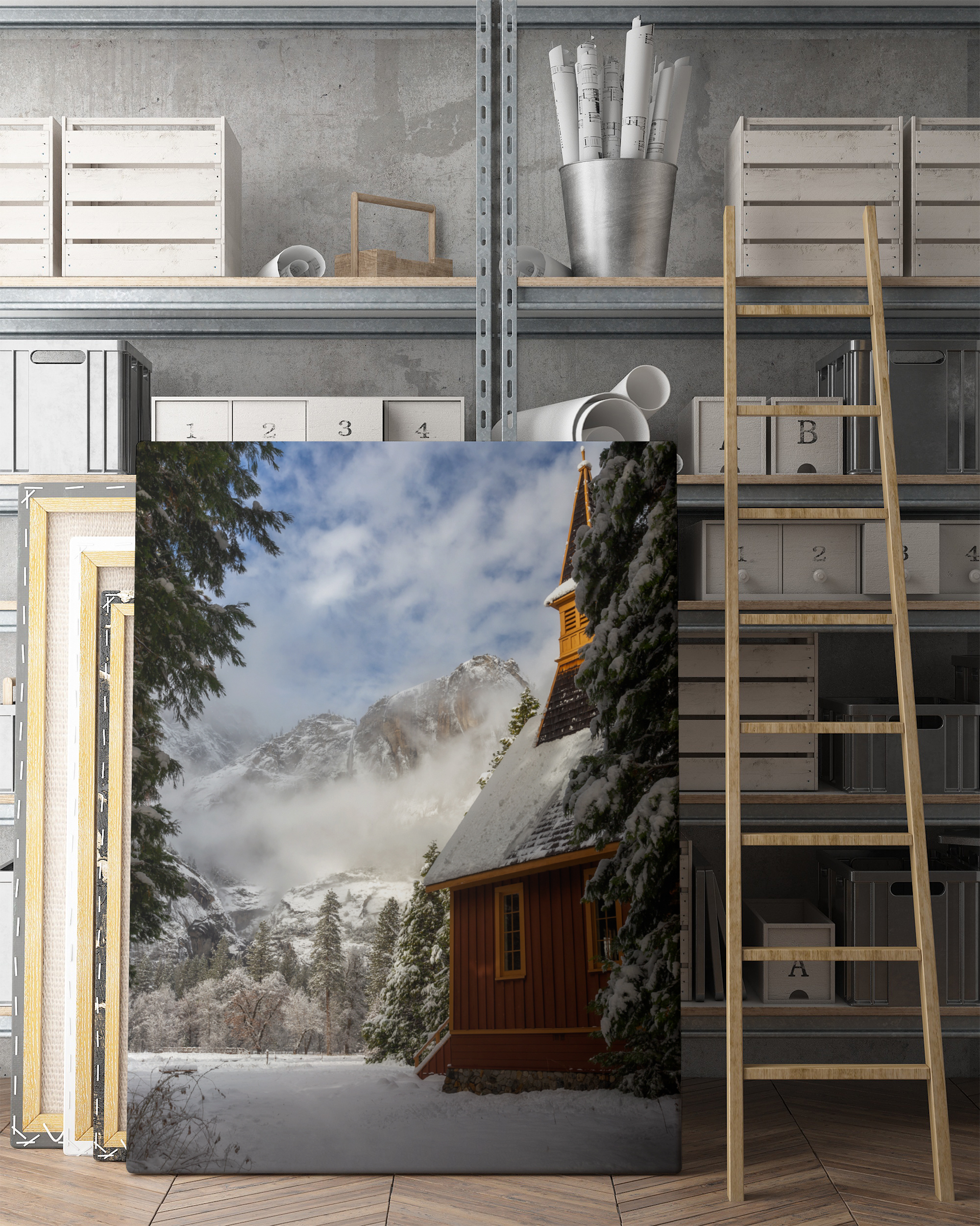 mock up poster frames in hipster interior background, 3D render