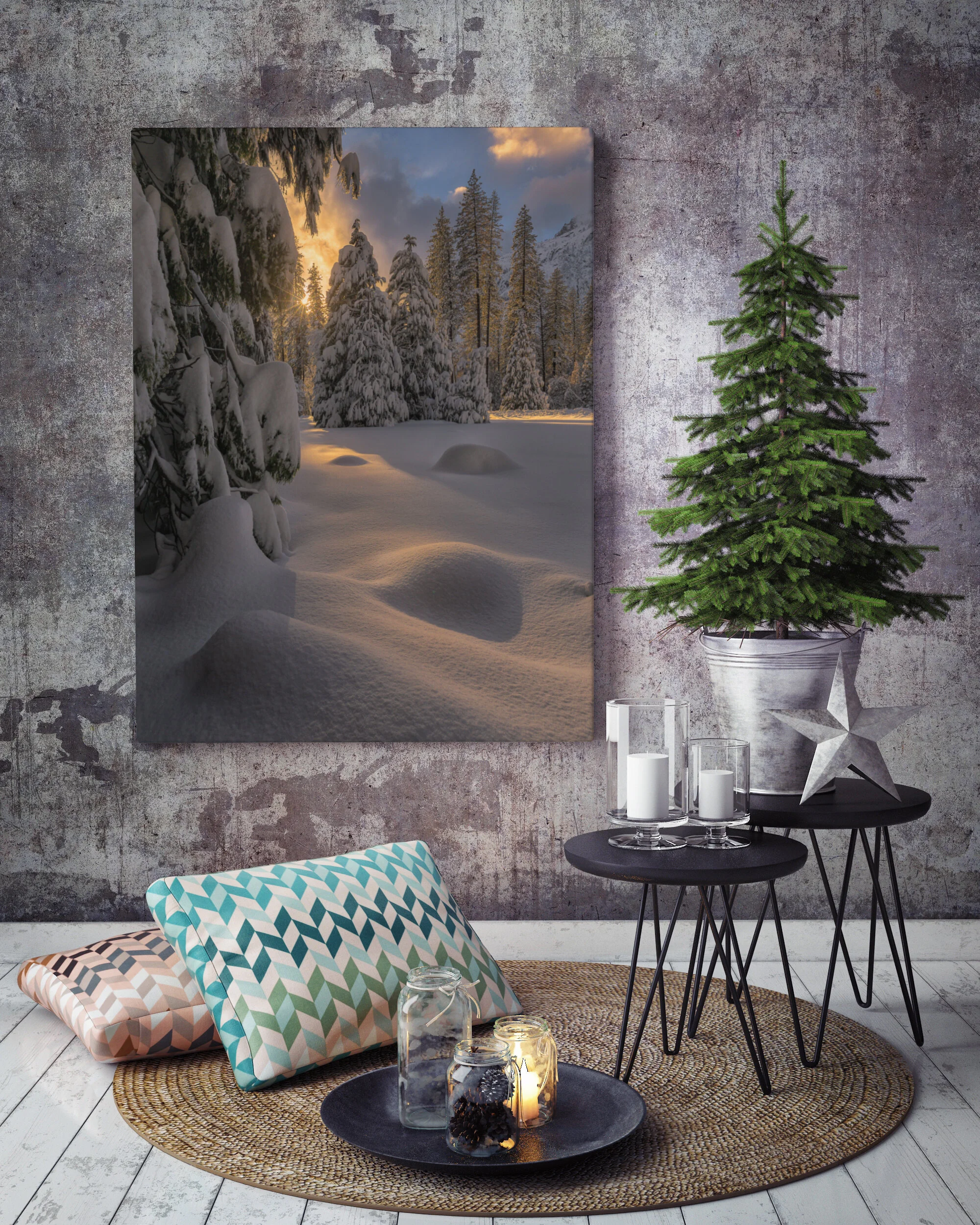 mock up poster on the concrete wall with christamas decoration, 