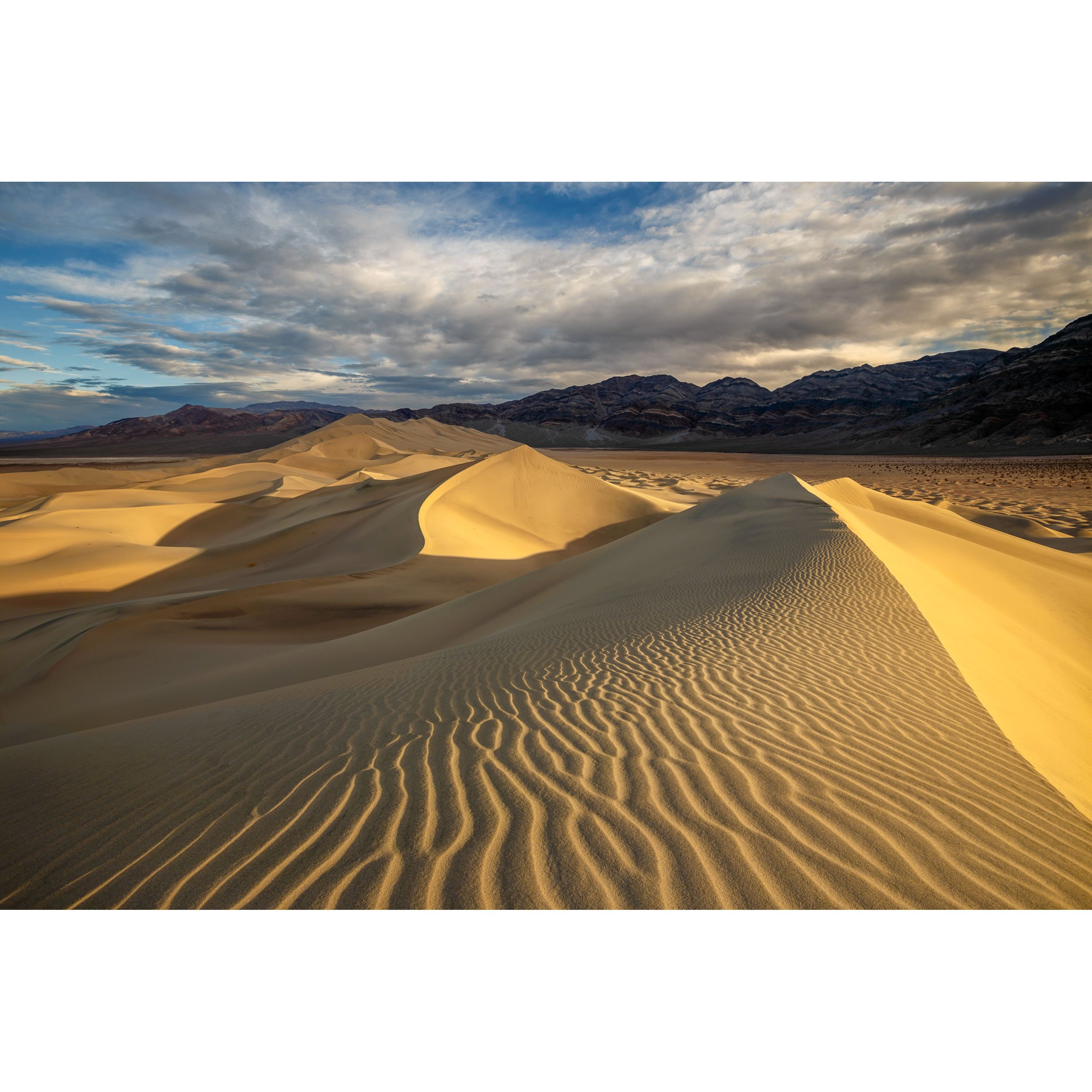 Fine art landscape photograph of golden sunlit ripples along the ridge of Eureka Dunes in Death Valley under a cloudy sky.