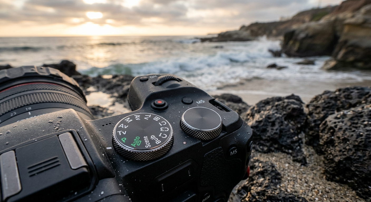 Close-up of a camera's mode dial showing Manual (M), Aperture Priority (Av), and Shutter Priority (Tv) settings.