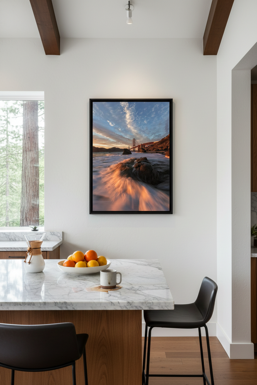 Framed Golden Gate sunset ocean print hanging on a white wall in a modern marble kitchen nook.