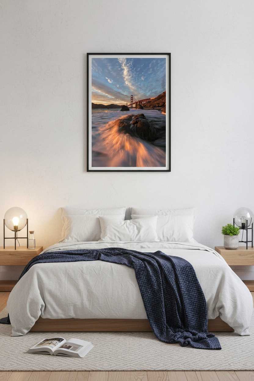 Framed Golden Gate Bridge coastal print hanging above a platform bed with a navy blue throw blanket.